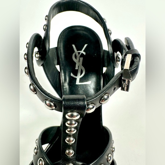 Yves Saint Laurent Black Leather Classic Tribute Studded T-strap Platform Sandal - Picture 14 of 16